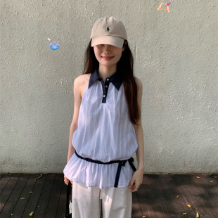 背心小上衣 韩系蓝白条纹POLO领无袖 衬衫 女夏季 设计感小众收腰修身