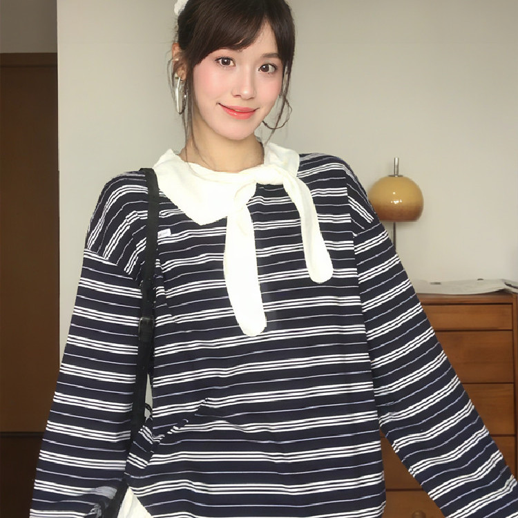 美式复古撞色条纹长袖T恤上衣女