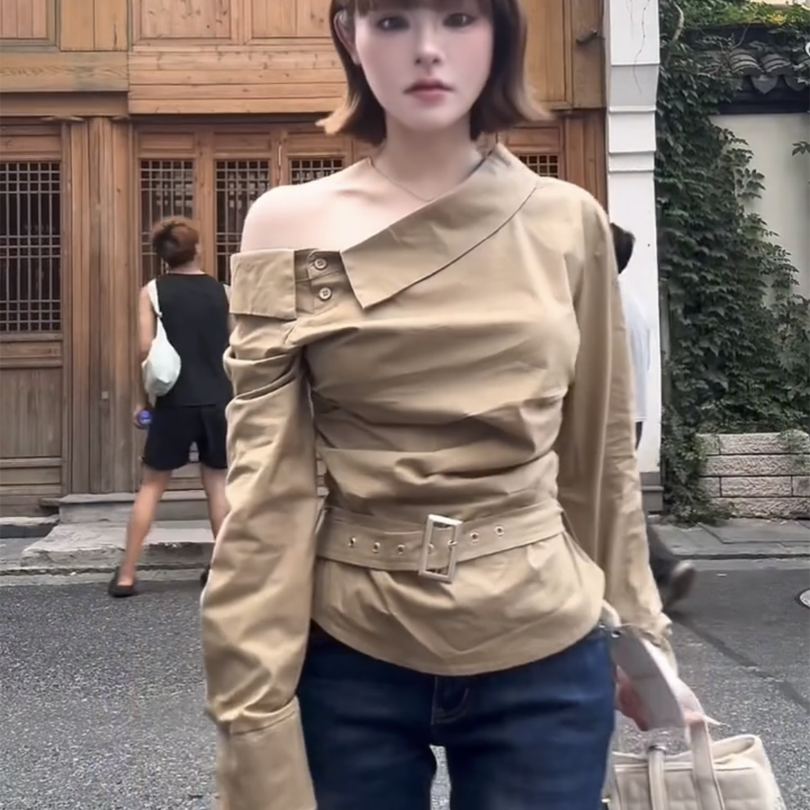 美式辣妹斜肩长袖腰带衬衫上衣女