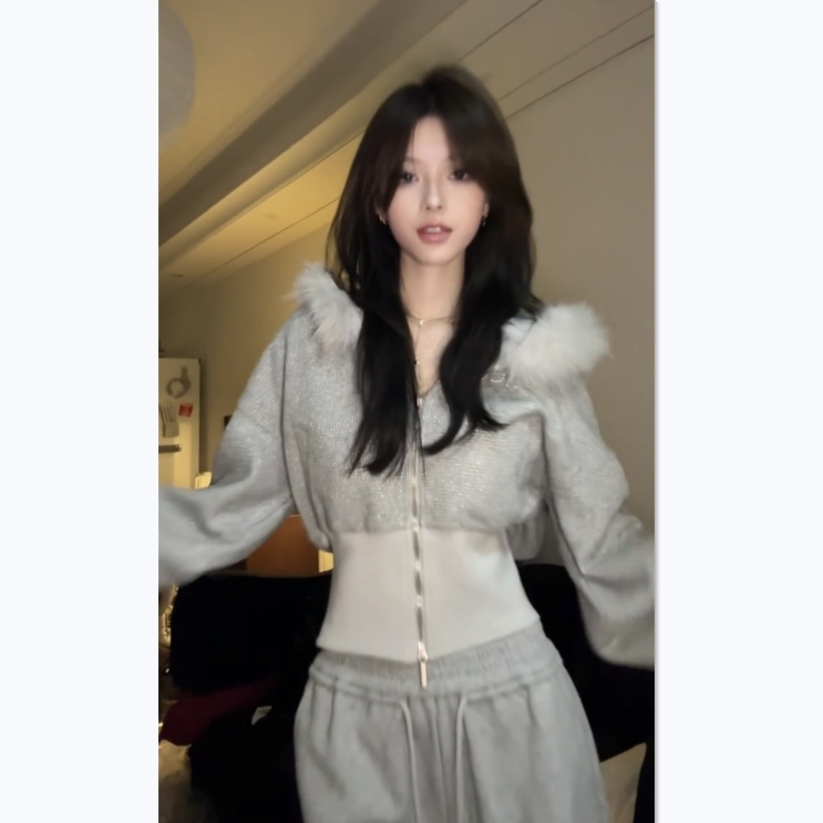美式复古灰色毛领连帽卫衣开衫女