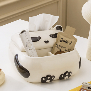 熊猫陶瓷纸巾盒客厅高档轻奢奶油风多功能遥控器收纳盒抽纸盒摆件
