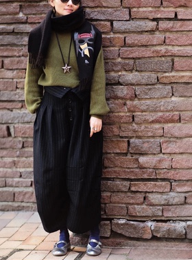 Christoher Nemeth 羊毛条纹 弯刀裤 休闲宽松 男女同款休闲裤