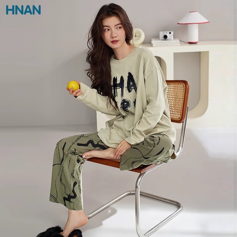 hnan睡衣女款春夏长袖长裤圆睡衣/家居服套装