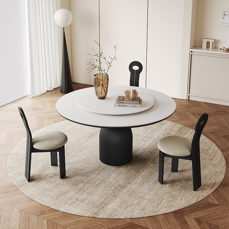 复古实木圆形餐桌轻奢高端小户型家用意式极简哑光白色岩板圆桌