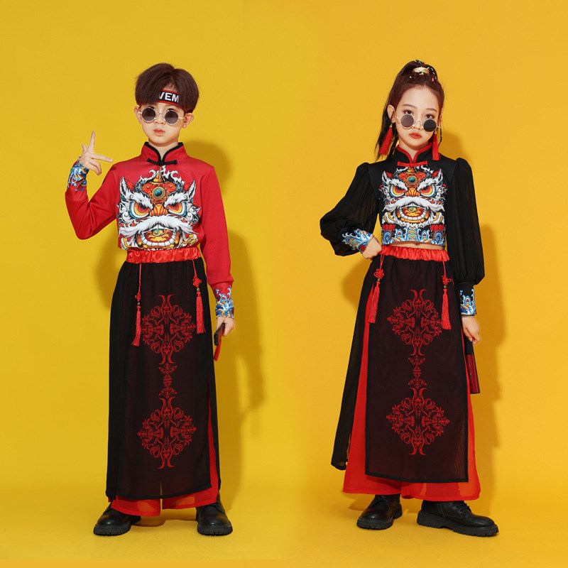 现货速发少儿中国风国潮民族服古筝演出旗袍套装男孩架子鼓服走秀