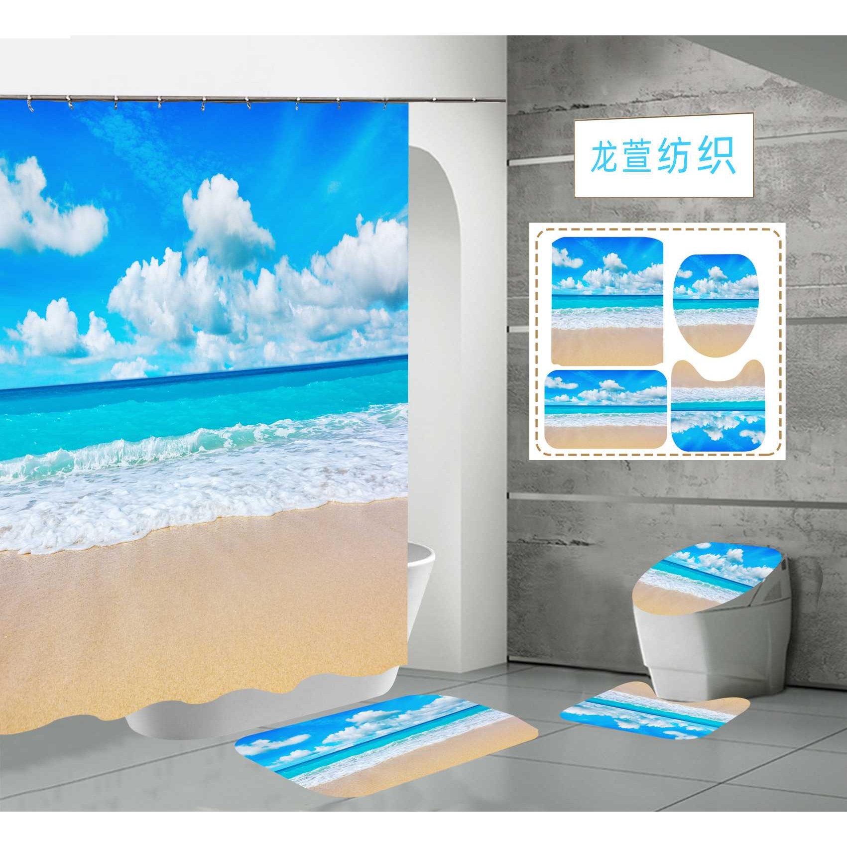 好货亚马逊电商直供3D数码印花防水防霉涤纶 海滩 浴室淋浴帘直销