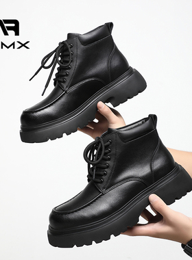 冬季棉鞋2025春季新款休闲英伦风厚底增高黑色男士高帮马丁靴男