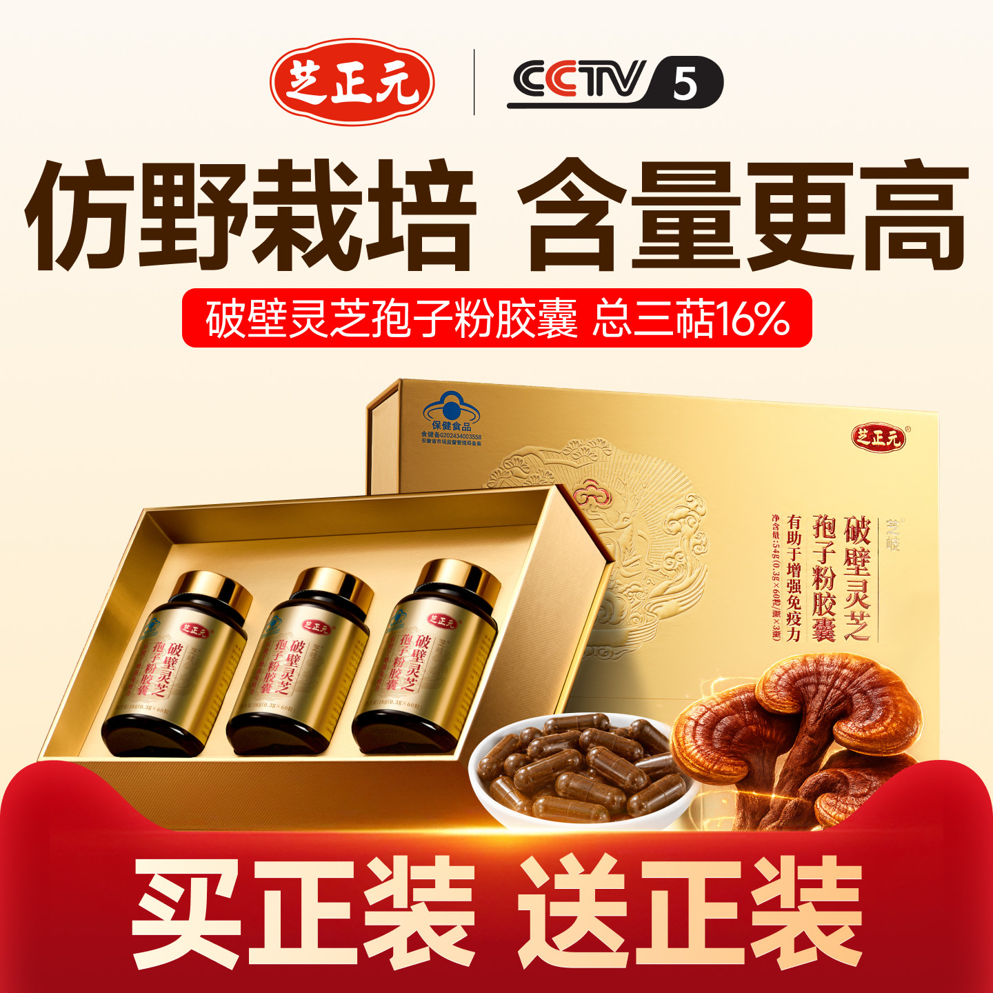 芝正元（两月装）破壁灵芝孢子粉胶囊 60粒*3瓶*2礼盒 三萜16%