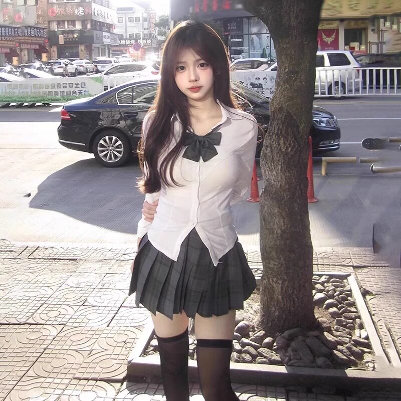 jk制服套装纯欲辣妹风白色短袖原创正版紧身百褶裙高弹力收腰衬衫