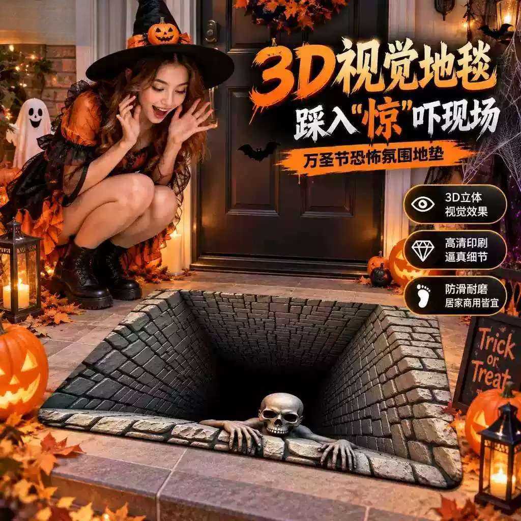 万圣节装饰道具布置地毯新款3D恐怖陷阱脚垫入户门店铺卧室客厅