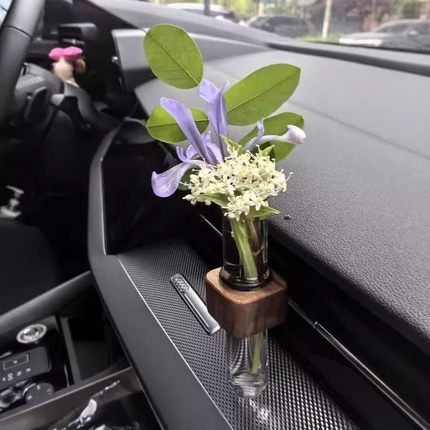 简约黑胡桃车载香薰水培试管插花植物汽车内饰花瓶空调出风口装饰