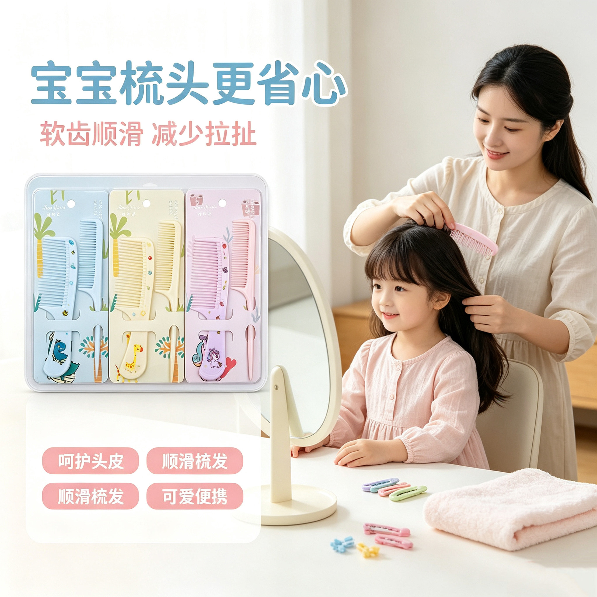 卡通动物梳子宝宝儿童挑梳女童美发梳细齿尖尾对梳子迷你便携套装