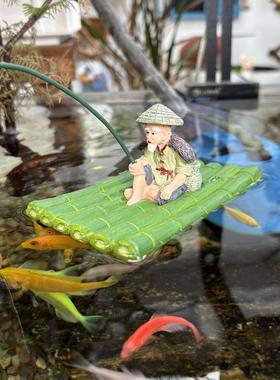 竹排钓鱼老头姜太公钓鱼庭院鱼池流水吸水石盆景鱼缸造景装饰摆件