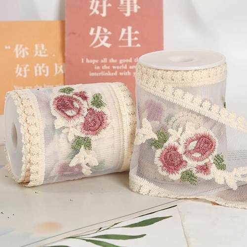 9cm复古玫瑰花朵刺绣蕾丝发饰缎带diy手工蝴蝶结花边丝带装饰包装