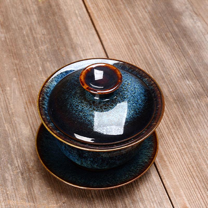 T9J5窑变建盏天目釉三才盖碗茶杯泡茶碗陶瓷功夫茶具家用大号个性