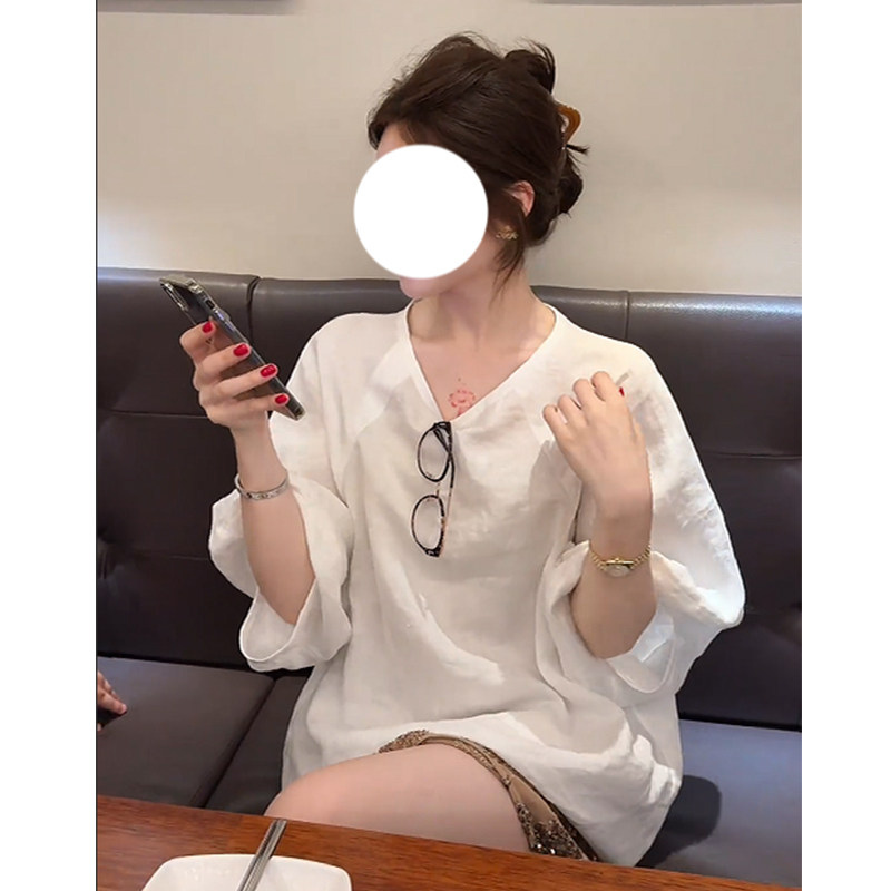 百搭白色休闲圆领苎麻上衣女夏季宽松显瘦减龄重工珠片绣短裙