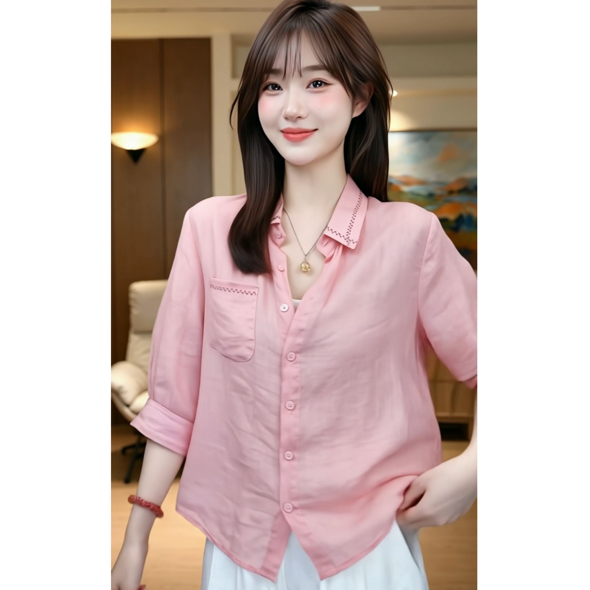 港风气质减龄显白小衫女人味苎麻七分袖衬衫26040312