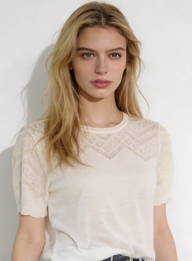 【BELL HON】夏薄圆领宽松休闲T恤套头镂空钩花短袖上衣女-BH1007