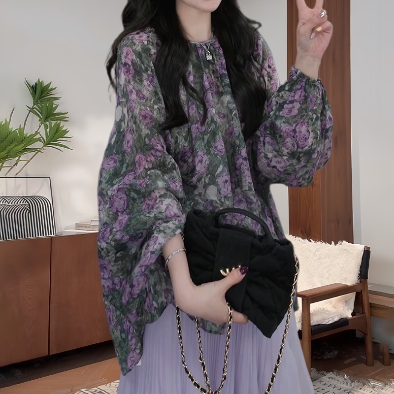法式浪漫风紫色碎花衬衫女夏季轻薄款高级感复古系带防晒长袖衬衣