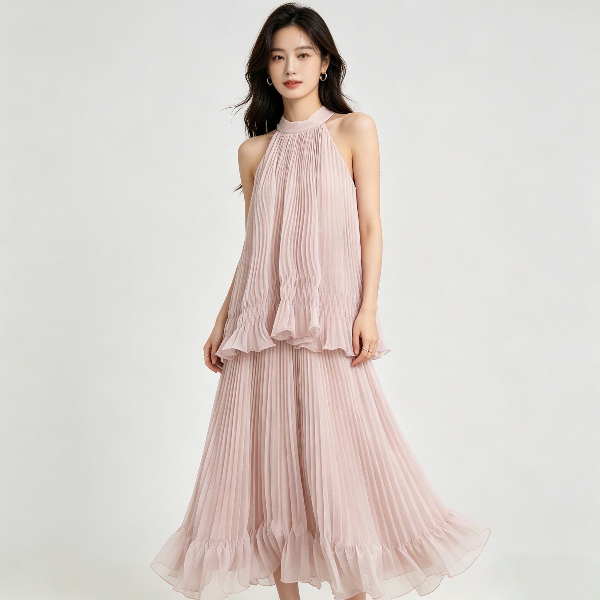 绝美气质褶皱压褶荷叶边连衣裙女2026春夏温柔风独特长裙粉色裙子