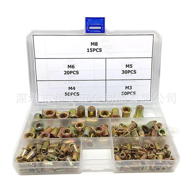 100/150/165/166PCS滚花拉帽铆螺母 铁彩锌平头竖纹拉铆螺母套装