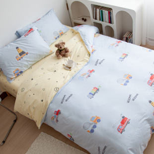 工程车 儿童纯棉床品定制床单被套单件床笠定做幼儿园褥套 蓝