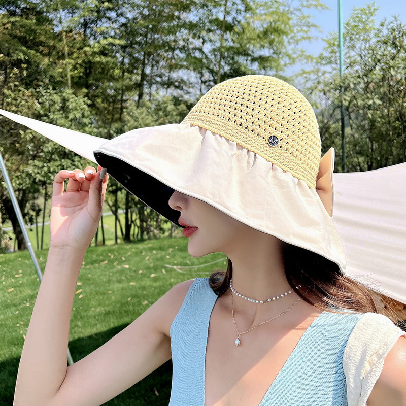 M标黑胶蝴蝶结遮阳帽女夏季防紫外线大檐镂空遮脸防晒渔夫帽