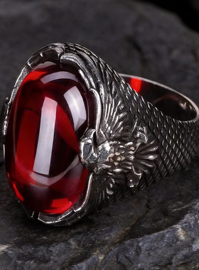 欧美复古红宝石男戒指朋克夸张合金戒指嘻哈酷帅男士指环