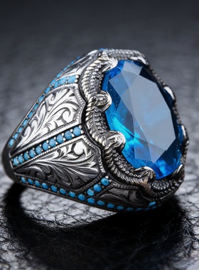 欧美复古工匠镶钻祖母蓝色锆石戒指 兰宝石复古男戒饰品拍戏饰品