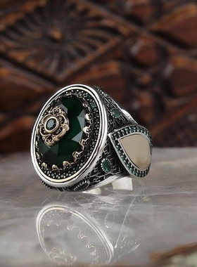 欧美复古绿色宝石戒指男潮款时尚饰品指环