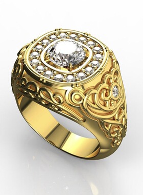 复古民族风男士黄金戒指镶钻花纹雕刻圆形宝石戒指