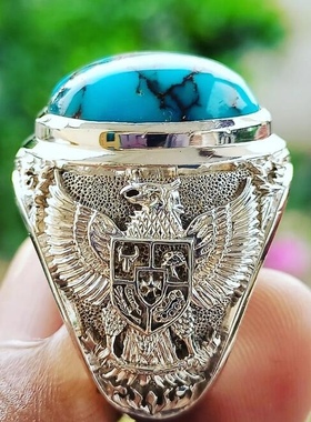 欧美男戒复古款古风花草纹路做旧款青色石男士戒指