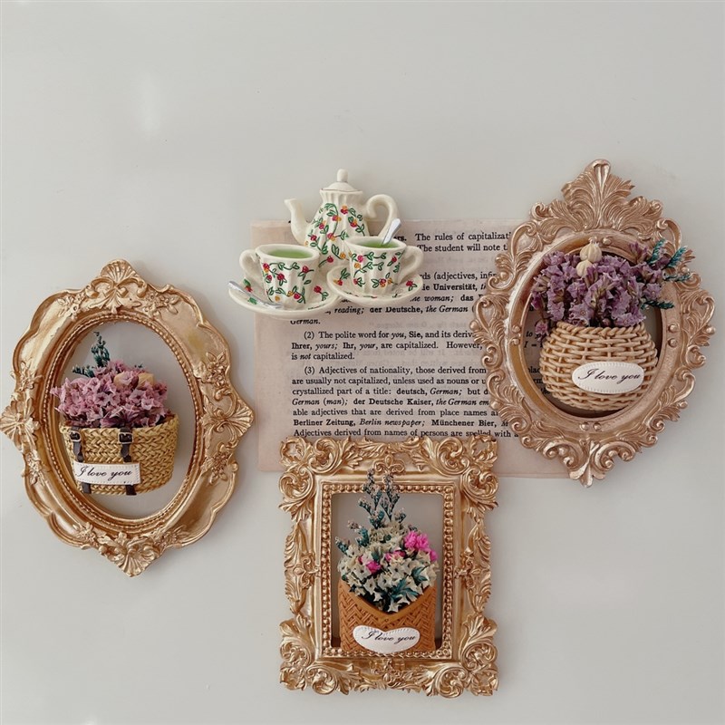 现货速发法式复古装饰永生花干花立体花篮树脂冰箱贴磁性贴拍照摆