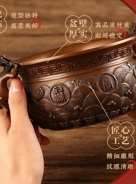 现货速发紫铜双龙耳聚宝盆螭龙耳铜摆件存钱罐客厅办公室桌面摆件