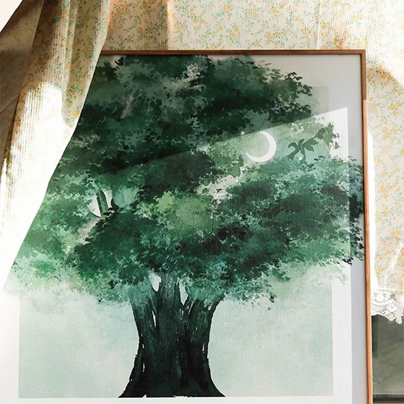现货速发2024新款艺术大树插画玄关喷绘装饰画小众风景古风客厅挂图片
