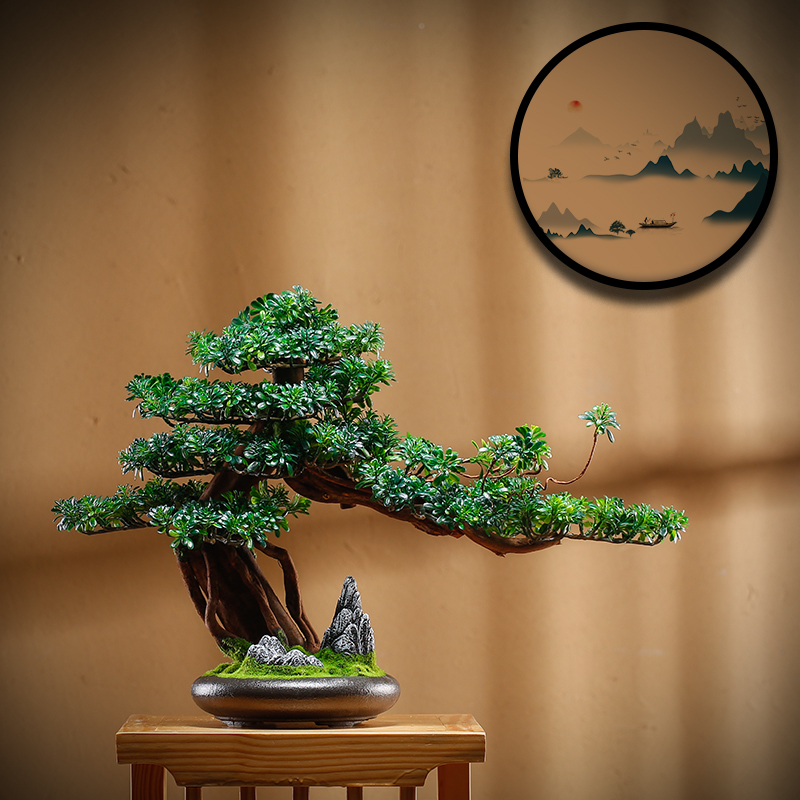 现货速发新中式迎客松盆景摆件玄关柜办公室景观客厅酒柜植物软装