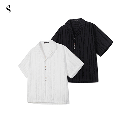 Succinct“纹”提花肌理多纽扣古巴领短袖衬衫夏季短款宽松上衣