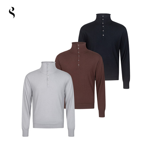 Succinct“荆”羊毛混纺亲肤双层纽扣卷边领长袖毛衣秋冬打底上衣