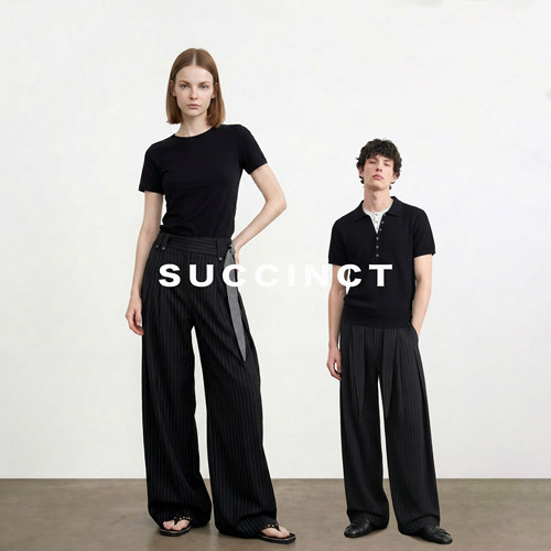Succinct“绕”条纹斜剑道拼接飘带微阔直筒A字弧形纽扣长裤西裤
