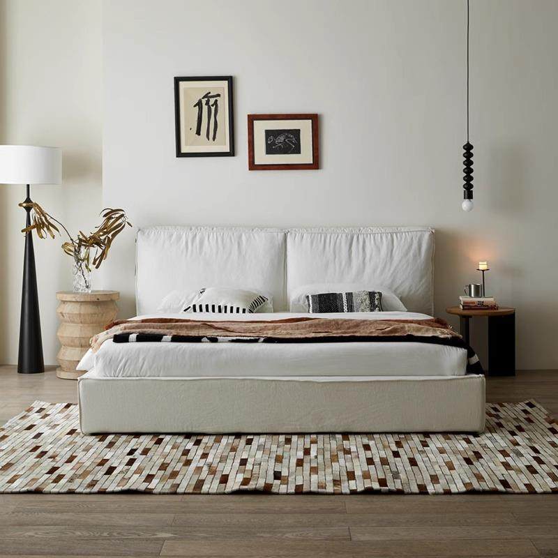 日式侘寂风亚奶麻布艺517床豆简腐块清软床油风主卧大风床软包约