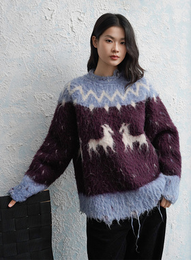 EyesMag 羊毛混纺 费尔岛提花拉毛宽松毛衣针织衫女秋冬-蓝酒红