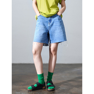 EyesMag 10oz轻薄棉质水洗毛边A字牛仔短裤女夏款-牛仔蓝