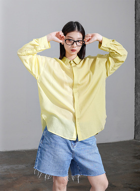 EyesMag 天丝亚麻超轻薄撞色拼接防晒长袖衬衫女-黄色/粉色/深灰