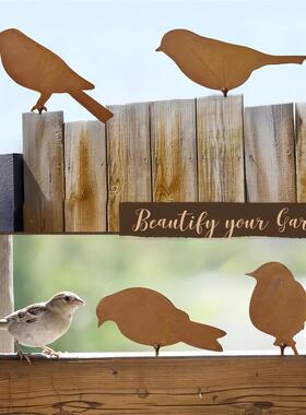 跨境生锈小鸟园艺摆件四只小鸟户外剪影插件园林铁艺装饰品复古