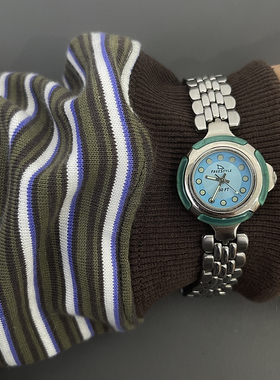 Awasteoftime浪费时间蓝色圆形中古手表复古小众金属表带石英手表