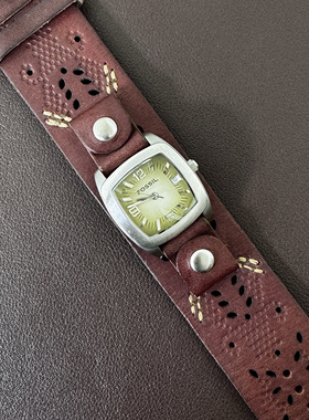 Awateoftime 浪费时间 中古手表 绿色小众复古运动皮革金属手表