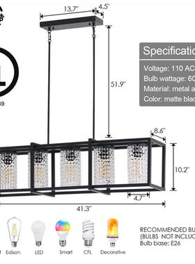 长灯CQP方形吊形水晶灯式厨房岛美农舍枝形吊黑色餐厅灯具