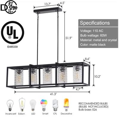 长灯CQP方形吊形水晶灯式厨房岛美农舍枝形吊黑色餐厅灯具