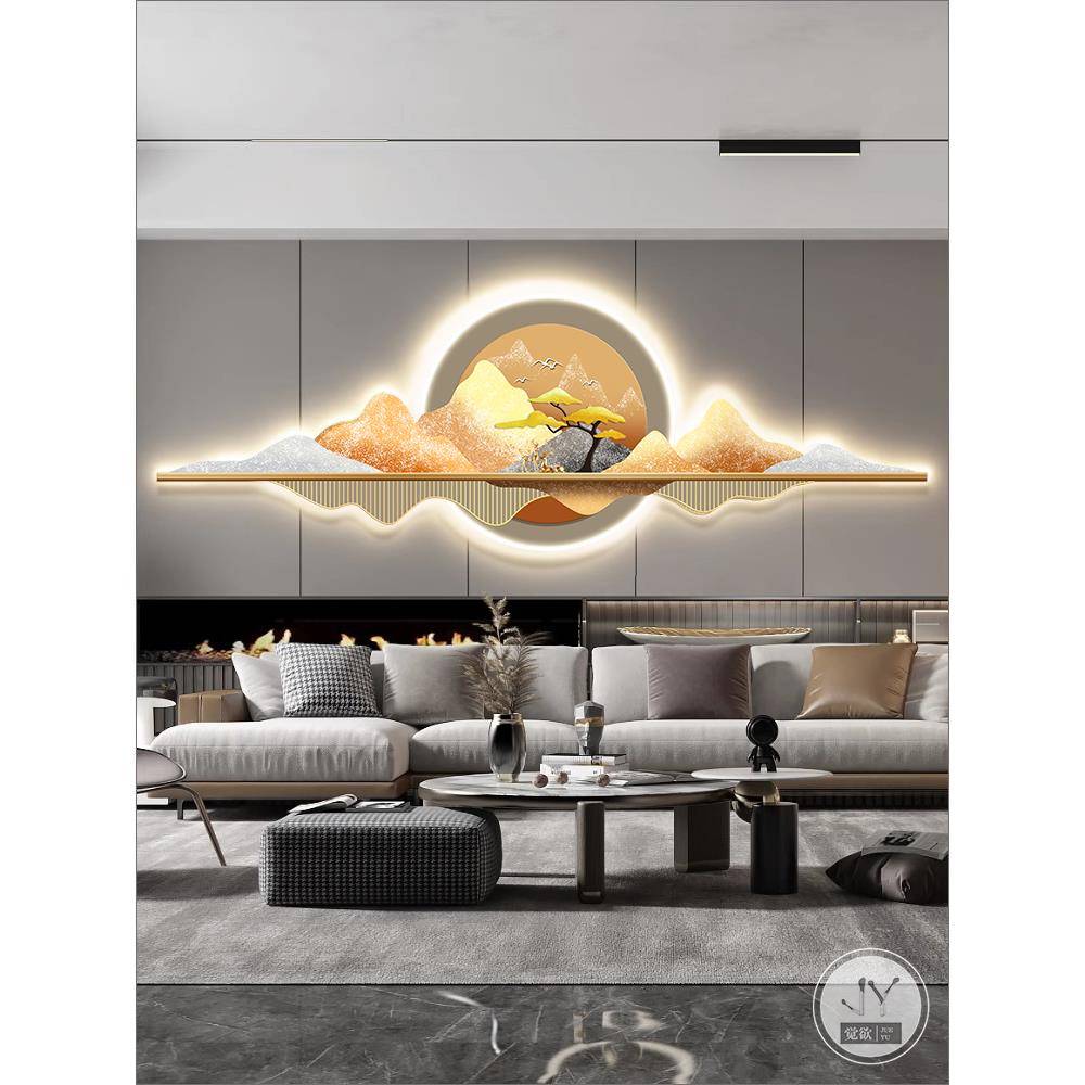 37N客厅感壁装饰现代轻奢饰Fh($%ph(画LED挂带发光灯画新中式墙壁
