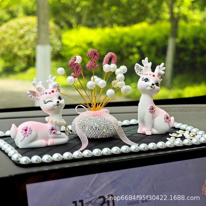 汽车摆件浪植绒漫珍珠YDS玫瑰花镶钻鹿车饰载中控小台女神摆件装